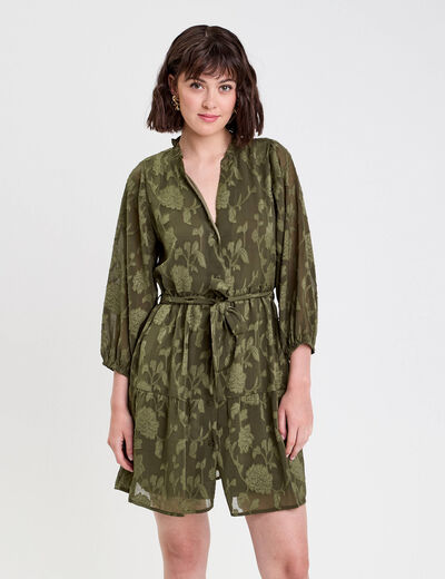 Robe chemise évasée ceinturée vert kaki femme