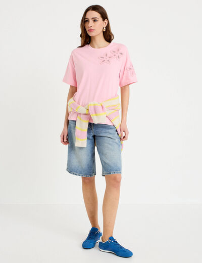 T-shirt col rond manches courtes rose corail femme