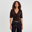 Blouse manches courtes smockée marron foncé femme