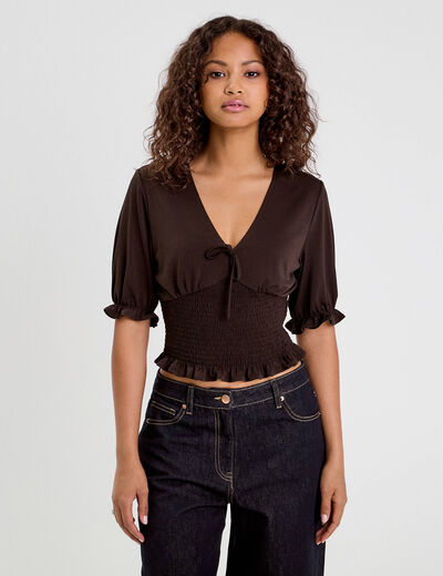 Blouse manches courtes smockée marron foncé femme