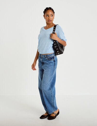 Pull ajour&eacute; col v manches courtes bleu ciel femme