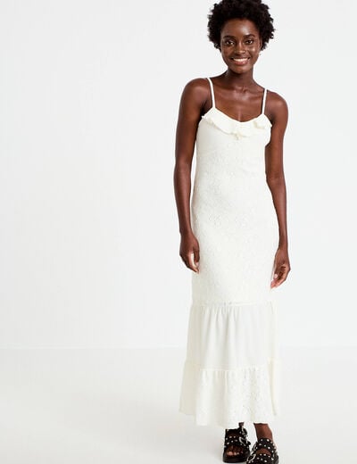 Robe longue &eacute;vas&eacute;e col v bretelles ecru femme