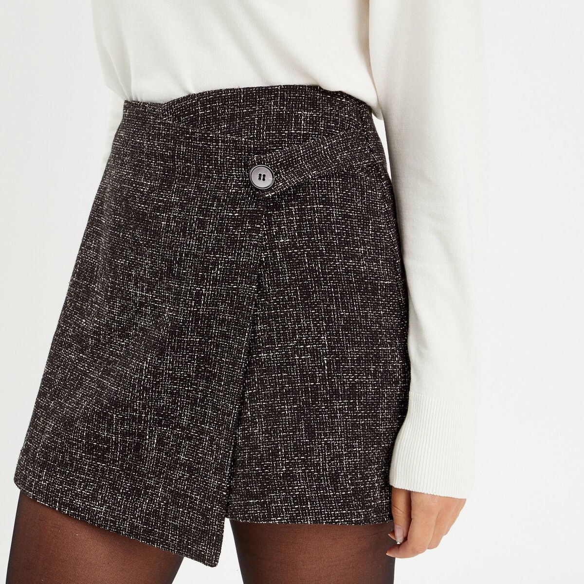 Jupe-short évasée en tweed noir femme