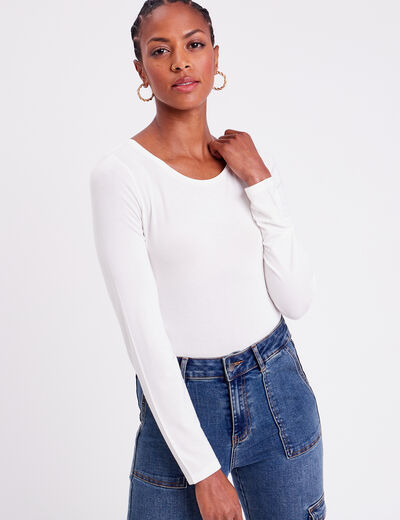 T-shirt uni à manches longues ecru femme