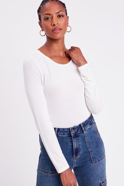 T-shirt uni à manches longues ecru femme
