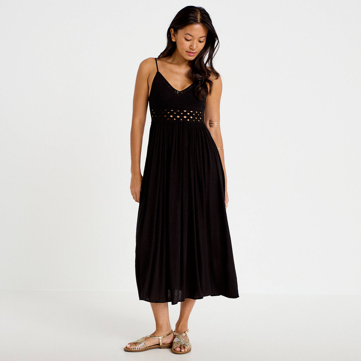 Robe longue bi-mati&egrave;re col v noir femme