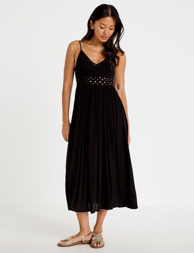 Robe longue bi-mati&egrave;re col v noir femme