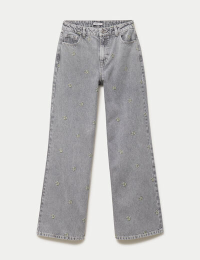 Jean wide leg broderie taille haute denim gris femme