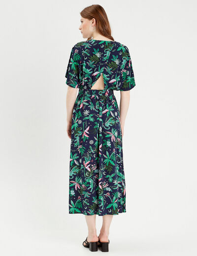 Robe longue évasée col en V bleu marine femme
