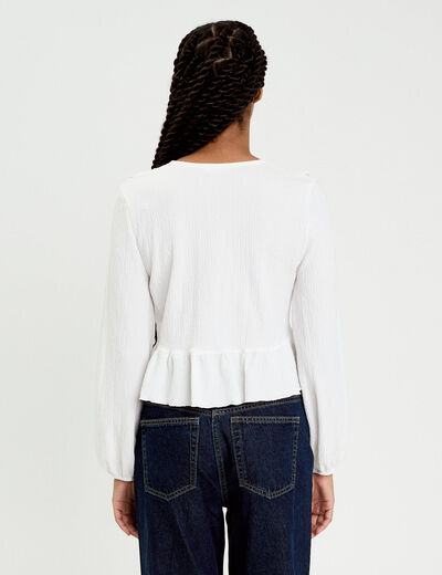 Blouse cropped grand col brod&eacute; ecru femme