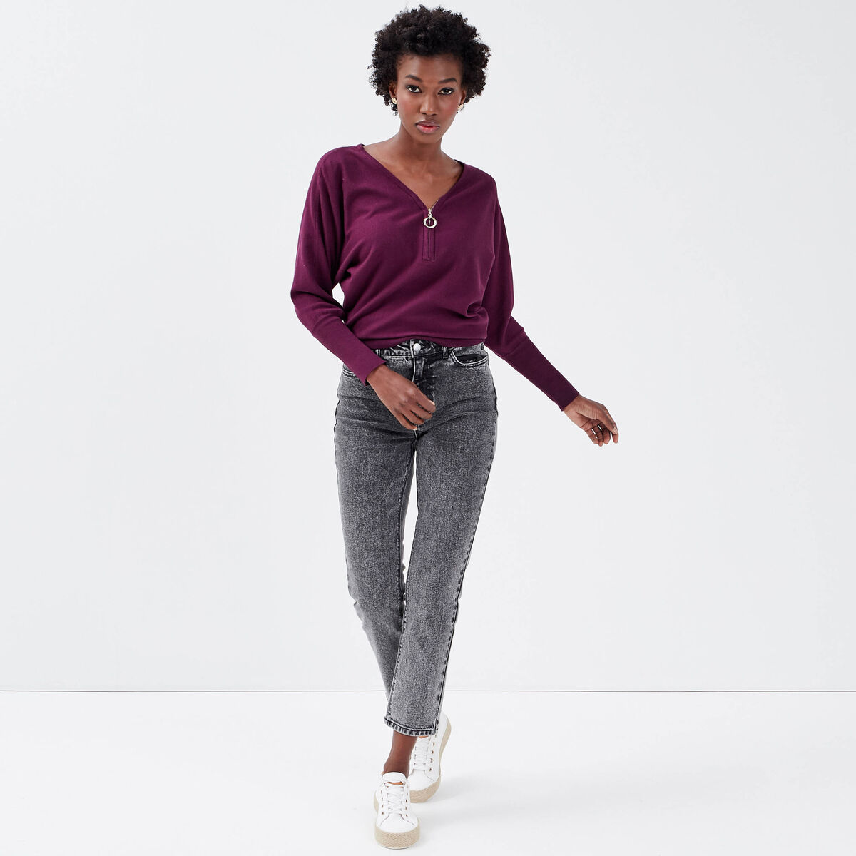 Pull avec col zippé prune femme