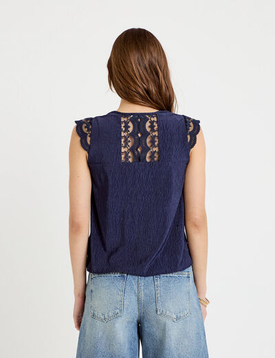 Blouse sans manches pliss&eacute;e bleu marine femme