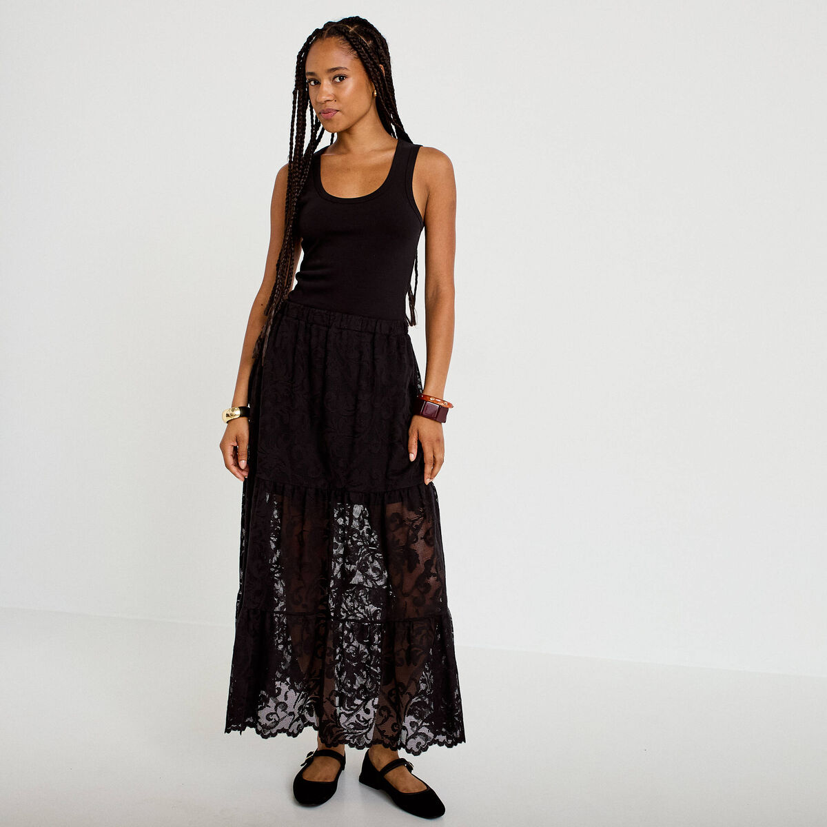 Jupe &eacute;vas&eacute;e longueur 3/4 dentelle noir femme