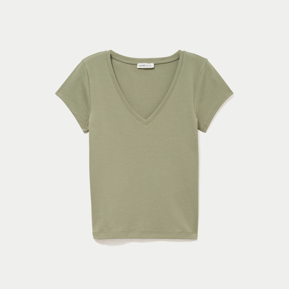 T-shirt ajust&eacute; col v manches courtes vert kaki femme