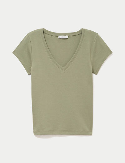 T-shirt ajust&eacute; col v manches courtes vert kaki femme