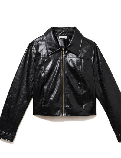 Veste droite cropped en similicuir noir femme
