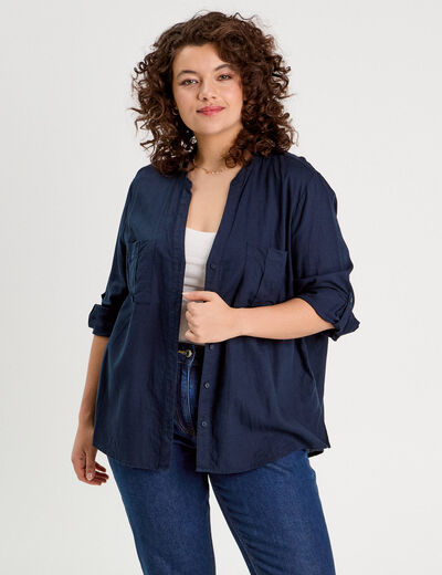 Chemise manches 3/4 contenant du lin bleu marine femme