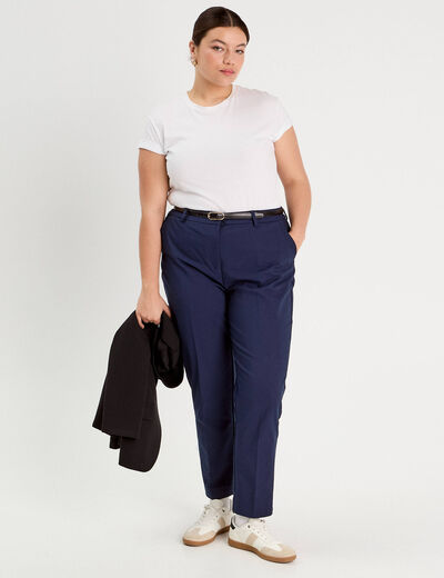 Pantalon cigarette ceinturé bleu marine femme