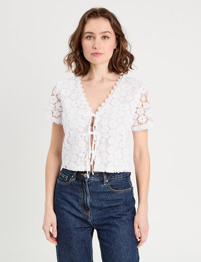 T-shirt noué dentelle guipure blanc femme