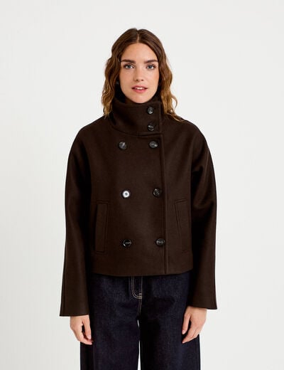 Veste chin&eacute;e col montant manches longues marron fonc&eacute; femme