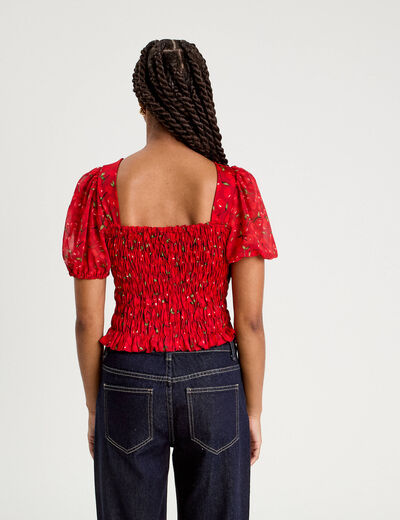 Blouse manches courtes smockée blanc femme