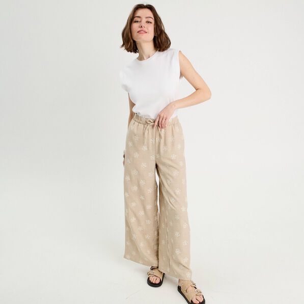 pantalon large brode taupe femme Pantalon large brodé taupe femme