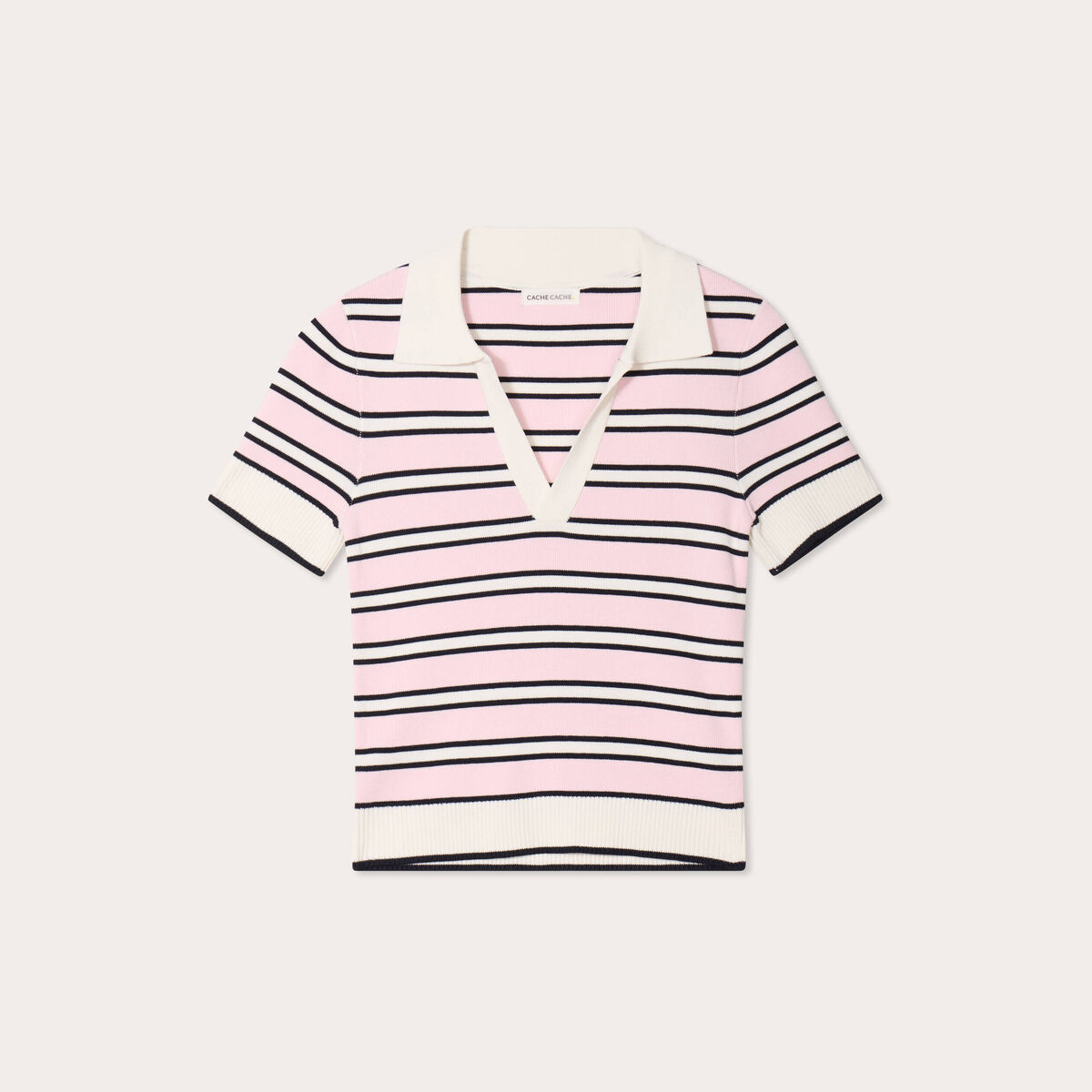 Pull manches courtes col polo rose femme