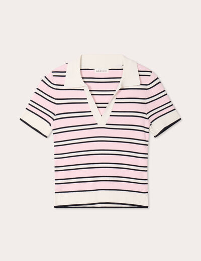 Pull manches courtes col polo rose femme