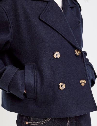 Trench droit court col tailleur bleu marine femme
