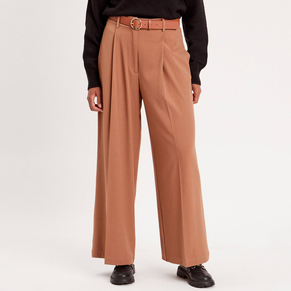 Pantalon large fluide pinces beige femme