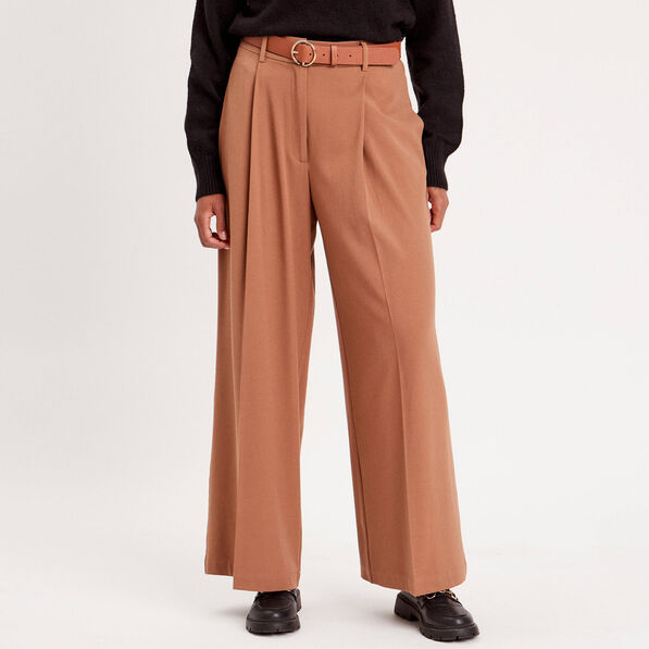 Pantalon large fluide pinces beige femme