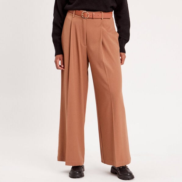 pantalon large fluide pinces beige femme Pantalon large fluide pinces beige femme