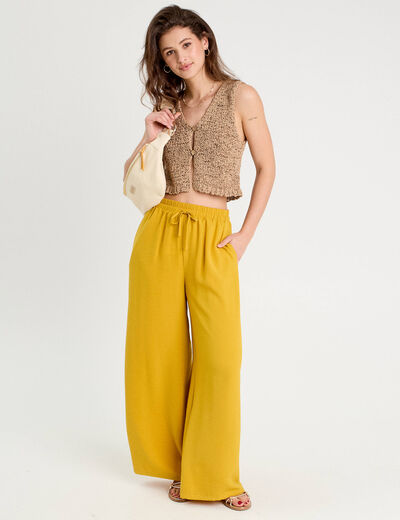 Pantalon large fluide jaune citron femme