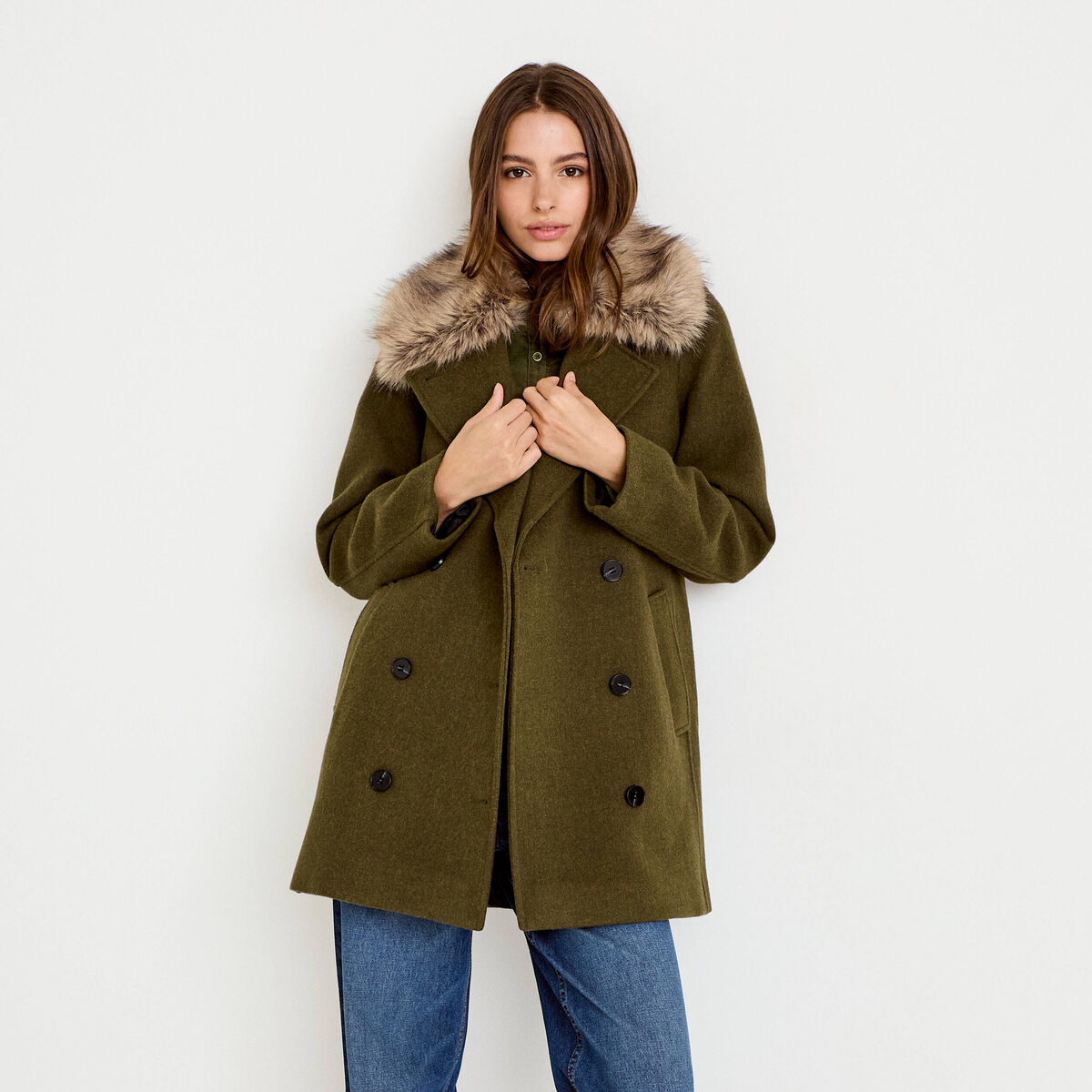 Manteau droit mi-long col tailleur vert kaki femme