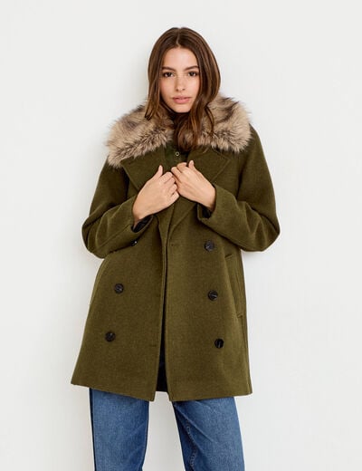Manteau droit mi-long col tailleur vert kaki femme