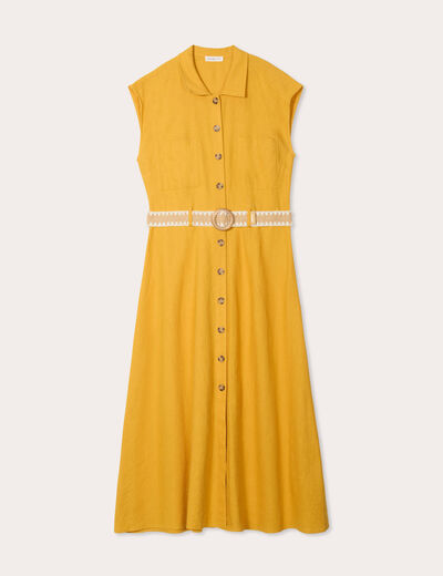 Robe chemise midi contenant du lin jaune citron femme