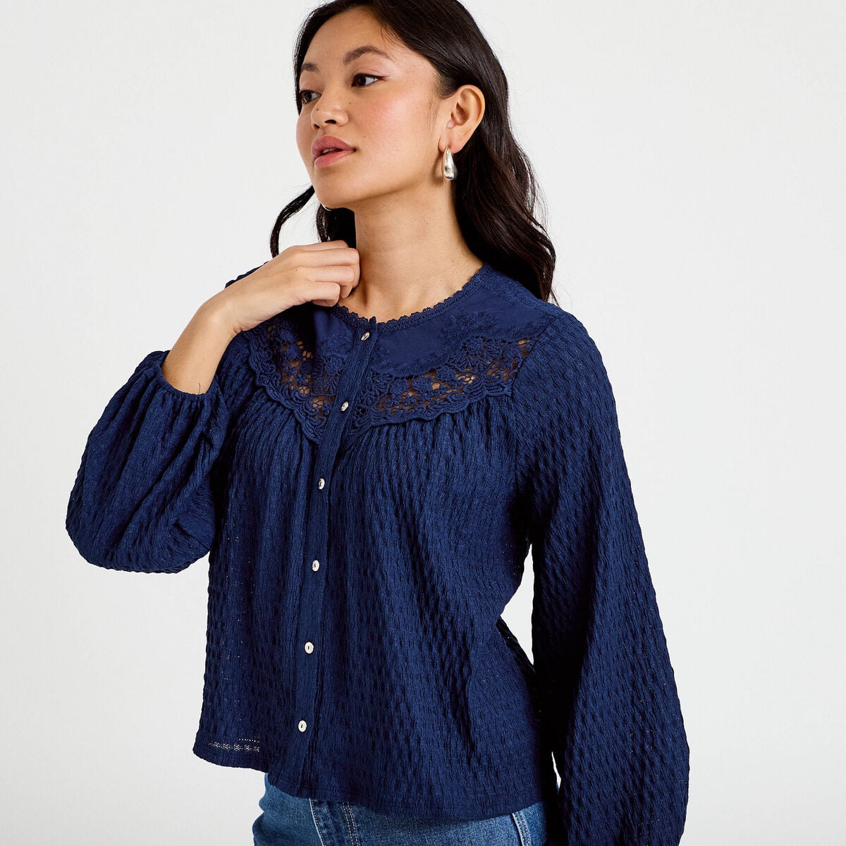 Blouse col rond manches longues bleu fonc&eacute; femme