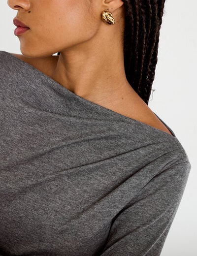 T-shirt col b&eacute;nitier manches longues gris fonc&eacute; femme