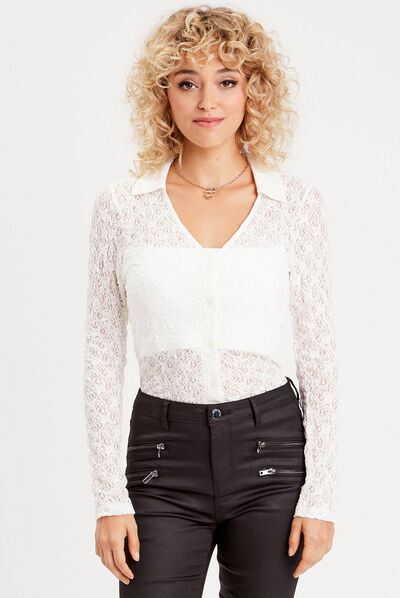 Chemise dentelle col polo ecru femme