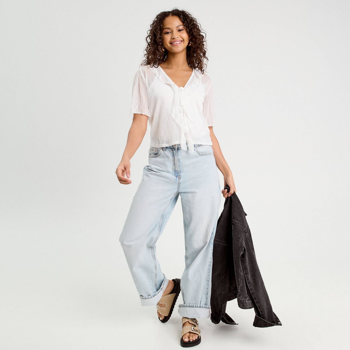 Blouse nouée avec volants ecru femme