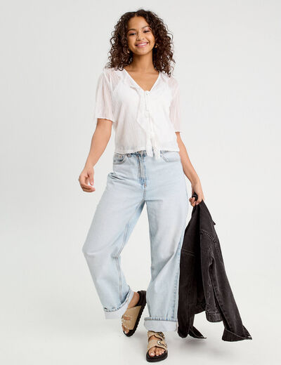 Blouse nouée avec volants ecru femme