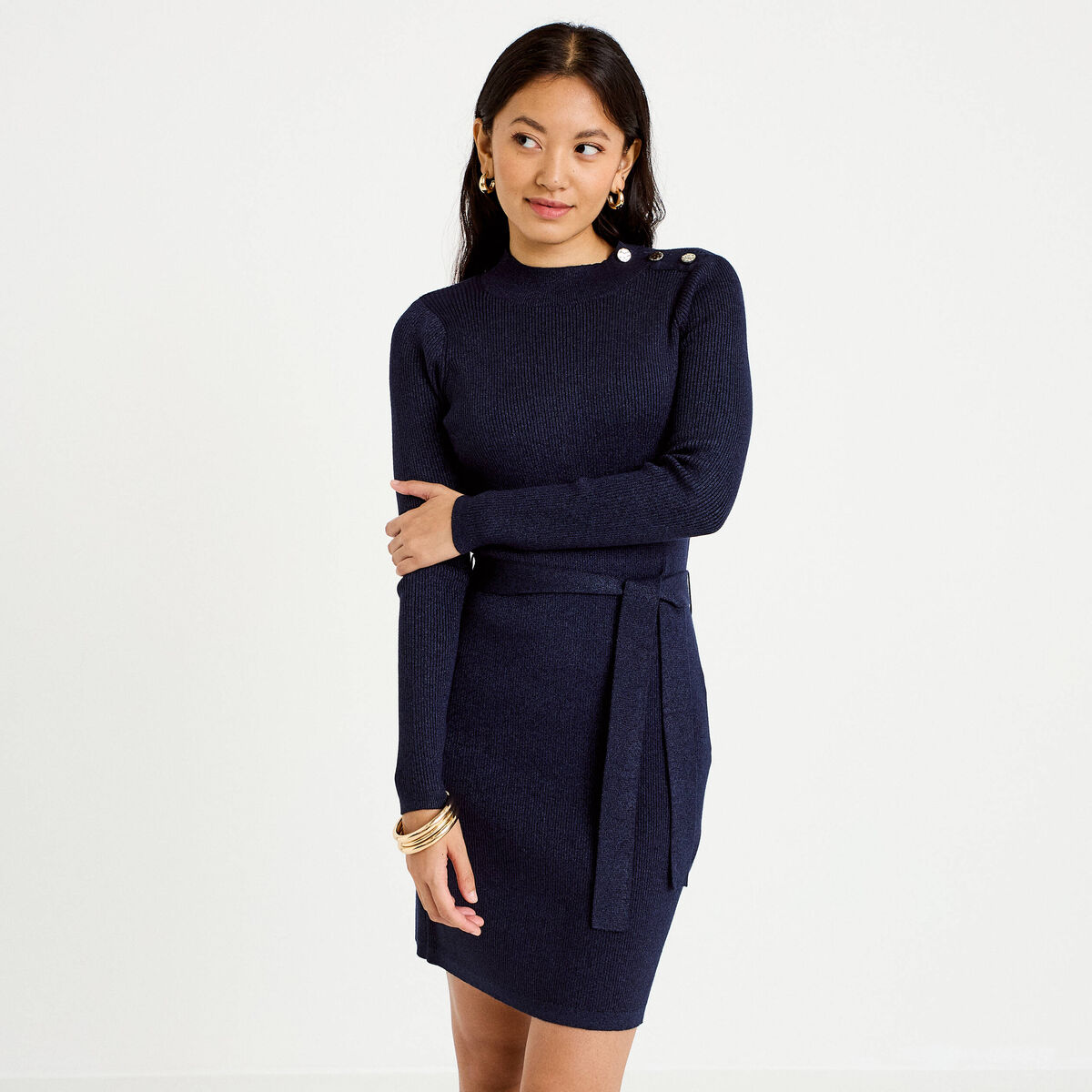 Robe pull ajust&eacute;e manches longues bleu marine femme