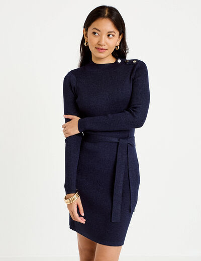 Robe pull ajust&eacute;e manches longues bleu marine femme
