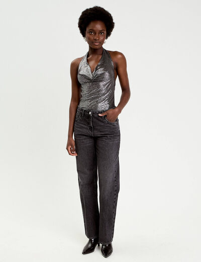 Top ajust&eacute; sans manches col b&eacute;nitier gris argent femme