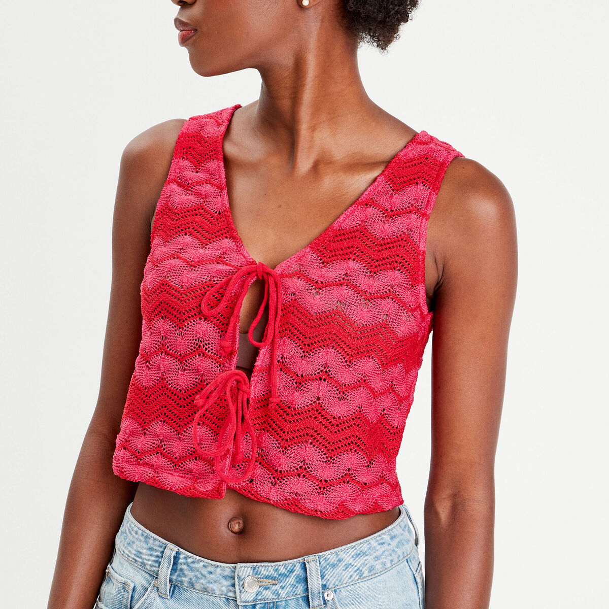 Gilet cropped crochet rose fushia femme