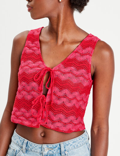 Gilet cropped crochet rose fushia femme