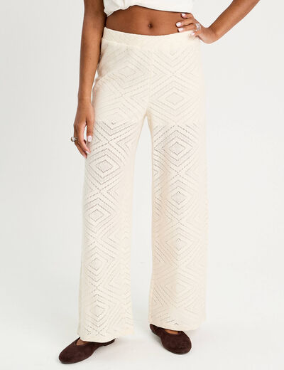 Pantalon droit ajouré ecru femme