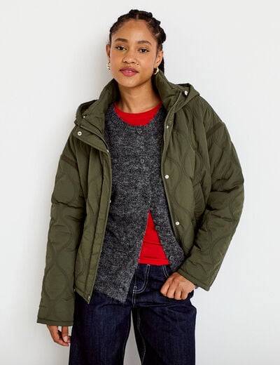 Veste droite &agrave; capuche manches longues vert kaki femme