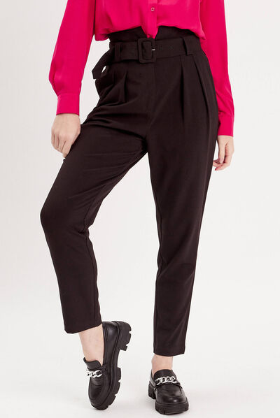 Pantalon cigarette ceinturé noir femme