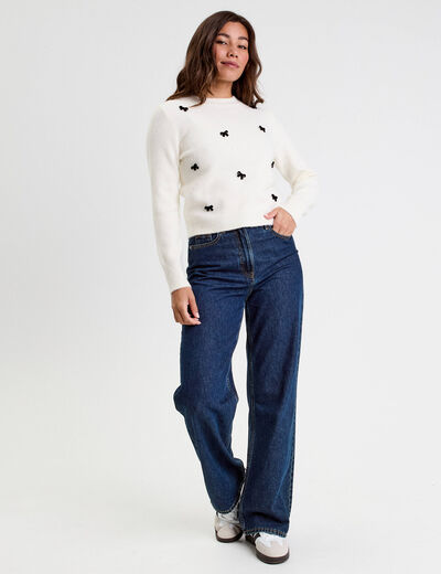 Pull manches longues noeuds ecru femme